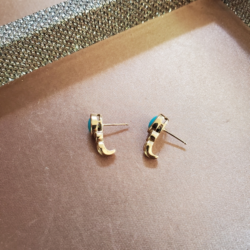 Vintage 10k Gold Diamond Turquoise Earrings - Picture 4 of 9